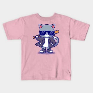 Cute Bad Cat Wearing Suit And Sunglasses With Baseball Bat Kids T-Shirt